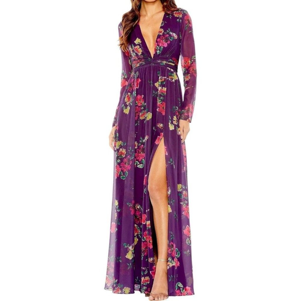 Mac Duggal 68558 Purple Floral Long Sleeve Deep Plunge High Slit Gown Sz 0